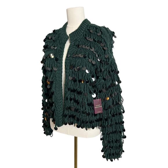 Forever 21 Cardigan Sweater Womens Small Hunter Green Sequin Chunky Knit Open - Picture 2 of 12
